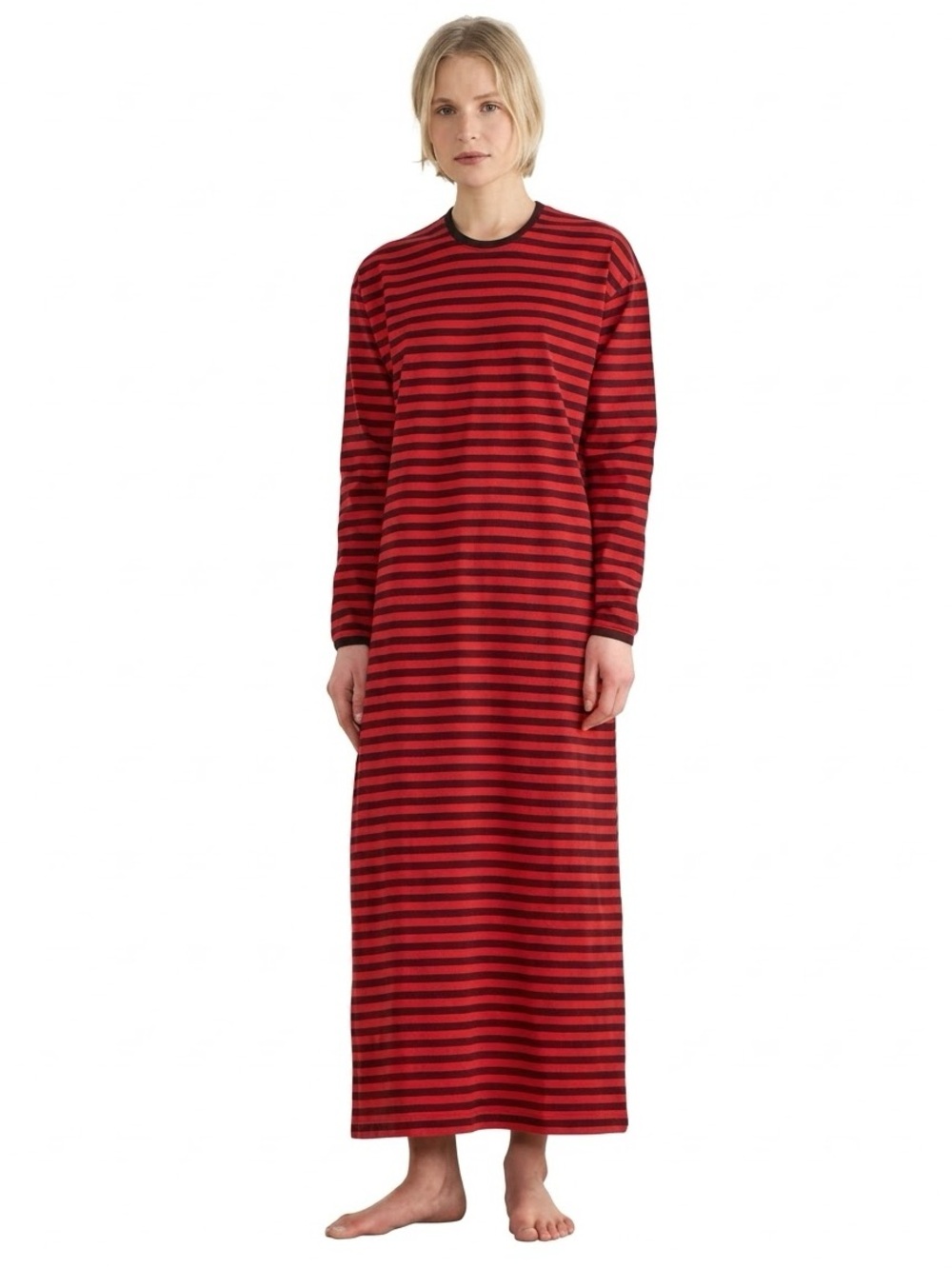 Marimekko Tasaraita Red Brown Striped Long Nightgown Nightdress - Size XS